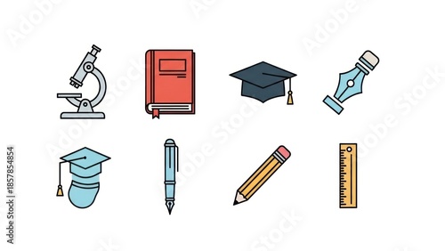 Educational icons representing science knowledge and learning on a white background