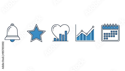 Set of various blue icons illustrating different concepts on white background