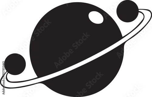 Simplified celestial body icon with rings and orbiting moons, a classic vector design silhouette depicting a planetary system
