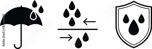 Black icons showing umbrella rain protection and water resistance shield water drop