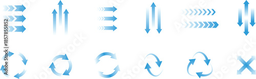 Collection of blue gradient arrows pointing in various directions and forming cycles vector