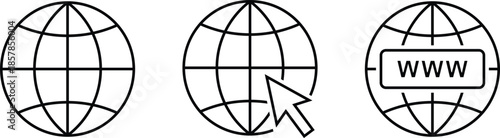 Three black line art globe icons showing internet connection and www network