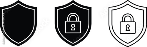 Three shield icons one solid black one with black padlock one outline padlock security protection
