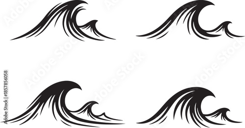 Dynamic ocean wave silhouette vector collection, featuring stylized water movement and surf graphics for various design projects with transparent background