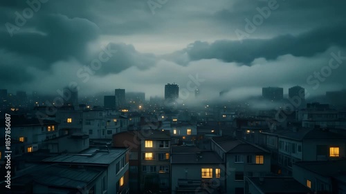 Wallpaper Mural Aerial view of bustling city at night under dramatic clouds, warm building lights creating a mysterious, atmospheric urban landscape.
 Torontodigital.ca