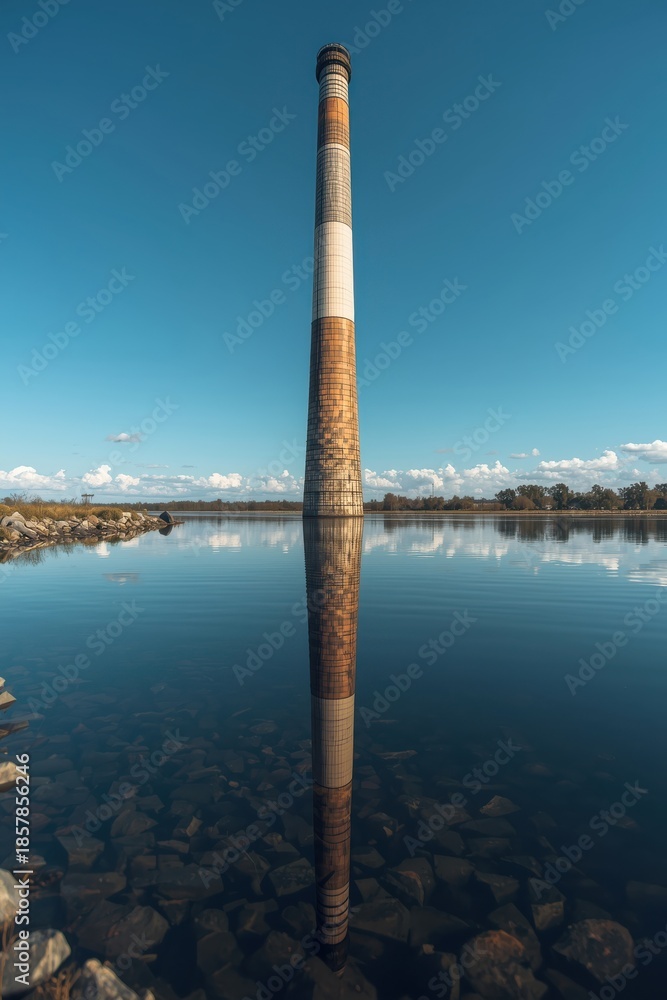 Fototapeta premium Tall chimney reflection in serene waters under a clear sky, blending nature and industry.