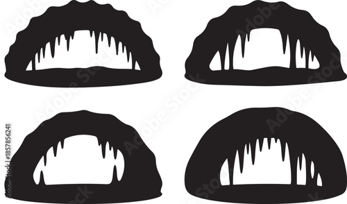 Set of Vector Silhouette Cave Entrances with Stalactites - Underground Nature and Mysterious Arches Design Elements