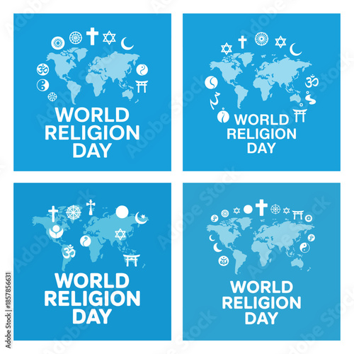 World Religion Day Posters with Global Map and Diverse Symbols