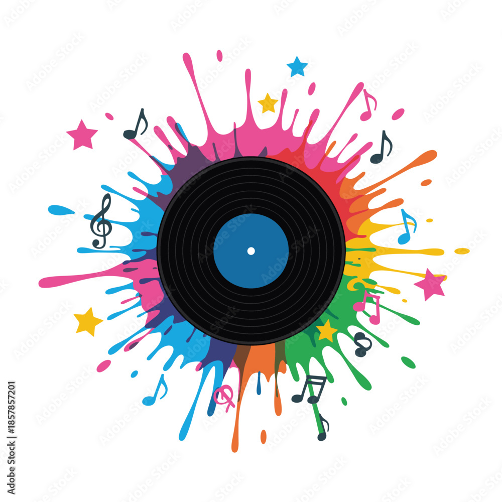 Obraz premium Colorful Music Splatter with Vinyl Record and Musical Notes on White Background paint