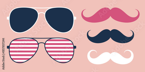 Fun Flat Design Aviator Sunglasses and Moustaches in Pink and Blue Colors mustache
