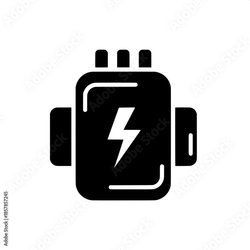 “Simple monochrome icon of an electrical device, flat graphic style. Rectangular shape, white lightning bolt in the center, three small tabs on top, two side cylinders, smooth rounded edges, modern UI