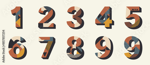 Geometric Numbers One Through Nine With Retro Color Palette And Patterns Keywords: 123456789 numbers digits counting mathematics arithmetic