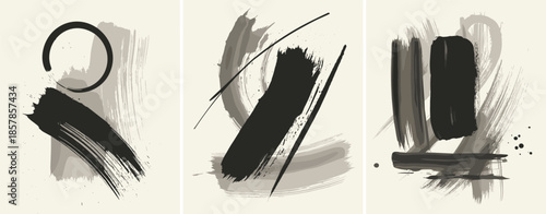 Three Abstract Ink Brush Stroke Compositions with Minimalist Design Keywords: abstract, ink, brush strokes, minimalist, monochrome, black and white