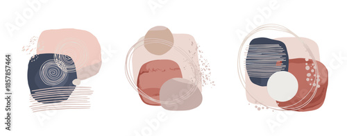 Three Abstract Organic Shapes Compositions with Textured Elements and Circles Keywords: abstract, organic shapes, composition, texture, circles