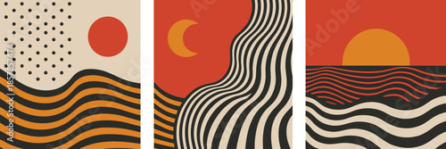 Three Mid- Century Modern Abstract Geometric Landscape Illustrations Keywords: abstract, geometric, landscape, mid-century modern, illustration