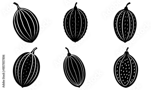 Five black and white striped fruit silhouettes on white background