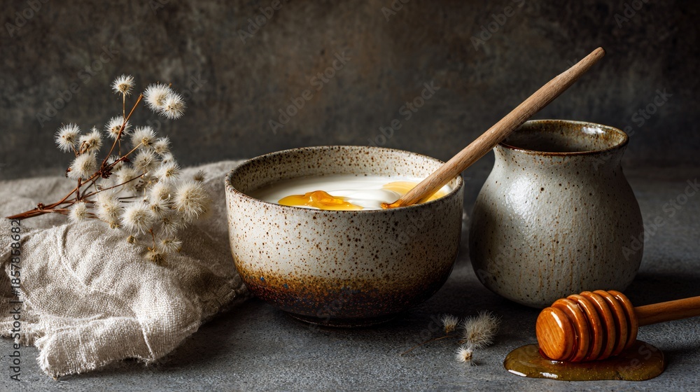 Fototapeta premium Minimal breakfast setting with yogurt and honey, natural textures, winter calm