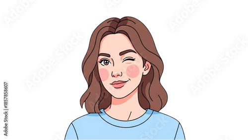 Illustration of a young woman with wavy brown hair smiling with her eyes closed