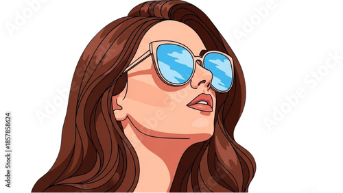 Illustration of a woman wearing sunglasses with a reflective gaze