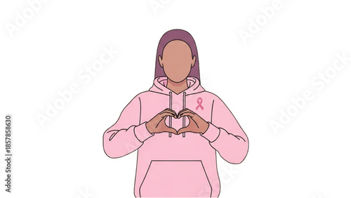 Illustration of a woman making a heart shape with her hands, wearing a pink hoodie with a ribbon symbol on it