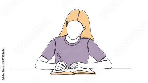 A woman writing in a notebook with a pen on a plain background