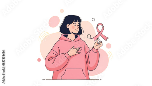 A woman holding a pink ribbon to raise awareness for breast cancer