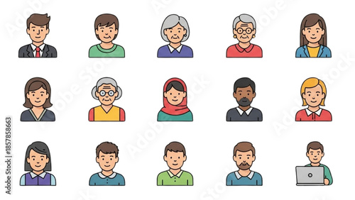 Diverse group of people portrayed in a simple illustration style, showcasing various ages and professions from a frontal viewpoint