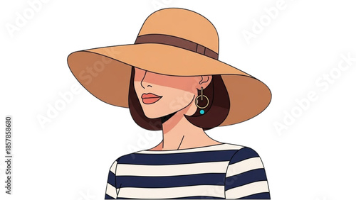 Woman wearing striped shirt and hat, illustrated in a minimalist style, viewed from the side.
