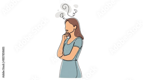 A contemplative woman lost in thought, standing alone in a minimalist environment, depicted in a simple illustration style.