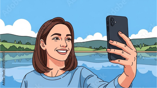 A young woman taking a selfie by the serene lake on a sunny day