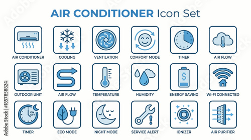 Air Conditioner Icon Set with Cooling, Eco Mode, Wi-Fi, and Air Purifier for HVAC Dashboards, Product Manuals, and Smart Home Interfaces