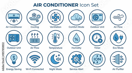 Air Conditioner Icon Set with Cooling, Eco Mode, Wi-Fi, and Air Purifier for HVAC Dashboards, Product Manuals, and Smart Home Interfaces