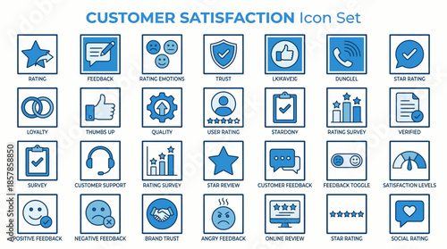 Customer Satisfaction Icon Set with Feedback, Loyalty, NPS Score, and Online Rating for UX Dashboards, Brand Trust Reports, and Support Interfaces