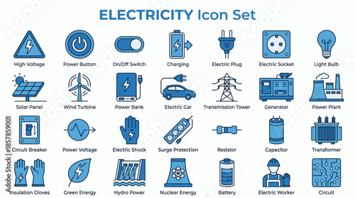 Electricity Icon Set with Circuit Breaker, Transformer, Solar Panel, and Electric Car for Engineering Dashboards, Energy Apps, and Technical Presentations