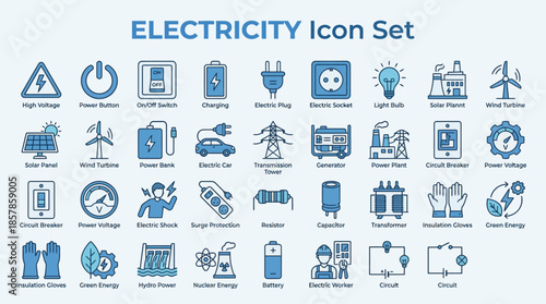 Electricity Icon Set with Circuit Breaker, Transformer, Solar Panel, and Electric Car for Engineering Dashboards, Energy Apps, and Technical Presentations