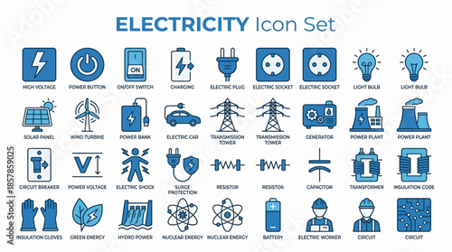 Electricity Icon Set with Circuit Breaker, Transformer, Solar Panel, and Electric Car for Engineering Dashboards, Energy Apps, and Technical Presentations