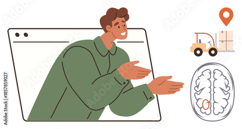 Man gesturing in a browser frame, depicting logistics with forklift, location marker, and brain idea. Ideal for technology, innovation, logistics, education, problem-solving communication teamwork