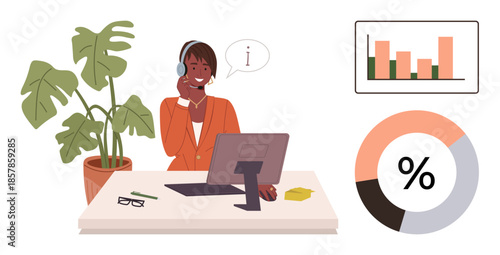 Professional at desk using headset with computer, charts, and plants. Ideal for customer service, telecommunication, data analysis, business, remote work, digital assistance simple flat metaphor