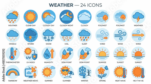 Weather Icon Set with Clear Day, Storm, UV Index, and Seasonal Symbols for Forecast Apps, Educational Kits, and Climate Dashboards