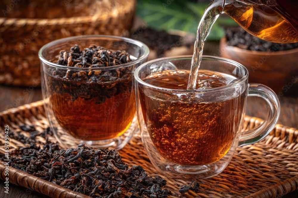 Fototapeta premium Fresh tea pouring into glass cups with loose leaf tea and wicker background