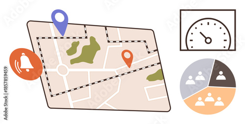 Map with pins marking locations, notification alert icon, speed dashboard, demographic chart. Ideal for navigation, tracking, analytics, alerts transportation urban planning performance. Simple