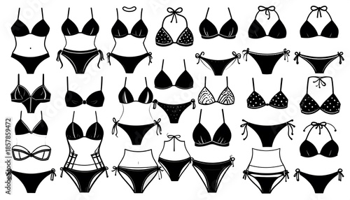 Collection of Black and White Bikini Silhouettes: Various Styles and Designs