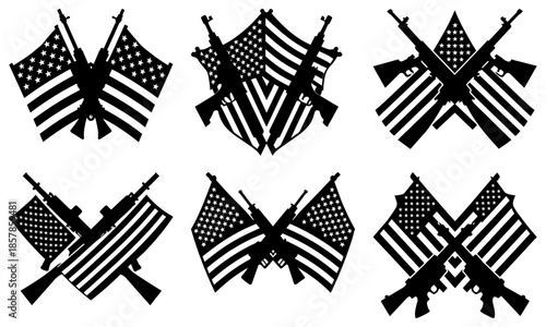 Black Silhouette of Two American Flags Crossed with Rifles