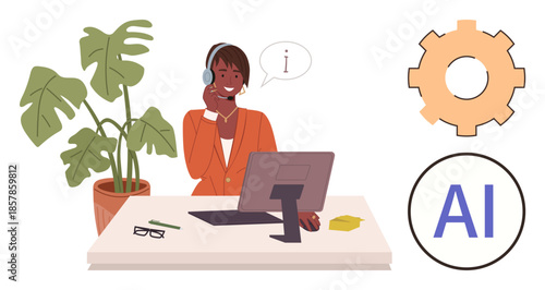 Call center agent with headset engages in conversation at desk with computer, potted plant, and AI elements. Ideal for technology, business support, automation, customer service, AI integration