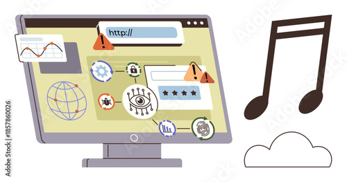 Computer screen with warning alerts, security icons, music note, cloud, and graphs. Ideal for online security, data protection, streaming, cloud storage analytics threats and technology-themed