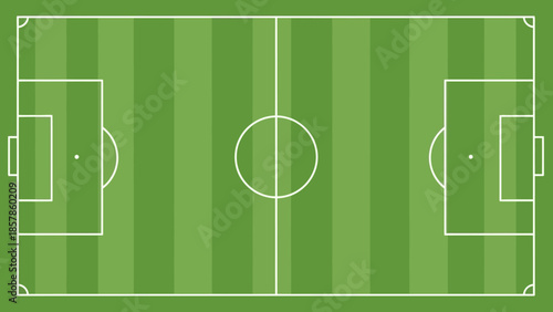 Top view of an empty green football field with soccer markings, ready for a match in bright studio.
