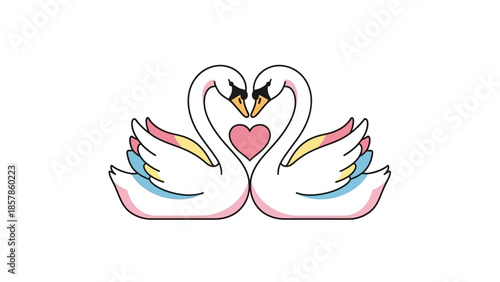 Two cartoon swans forming a heart shape with their necks on an isolated white background, conveying love and romance.