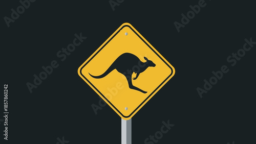 An isolated yellow Australian road sign features a black kangaroo silhouette as a warning symbol for wildlife crossing and traffic safety on a white background