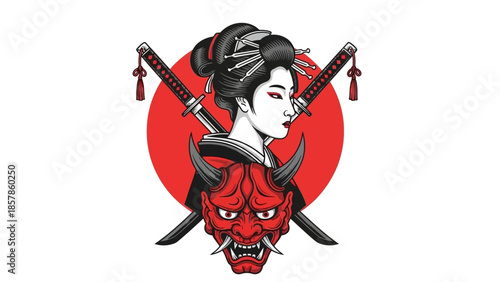 Abstract black vector illustration of a cartoon viking woman warrior holding a sword and guitar with a skull symbol