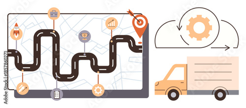 Delivery truck, road route with milestones, target pin, and automation gear icon suggesting logistics flow. Ideal for supply chain, route planning, logistics, business goals, time efficiency